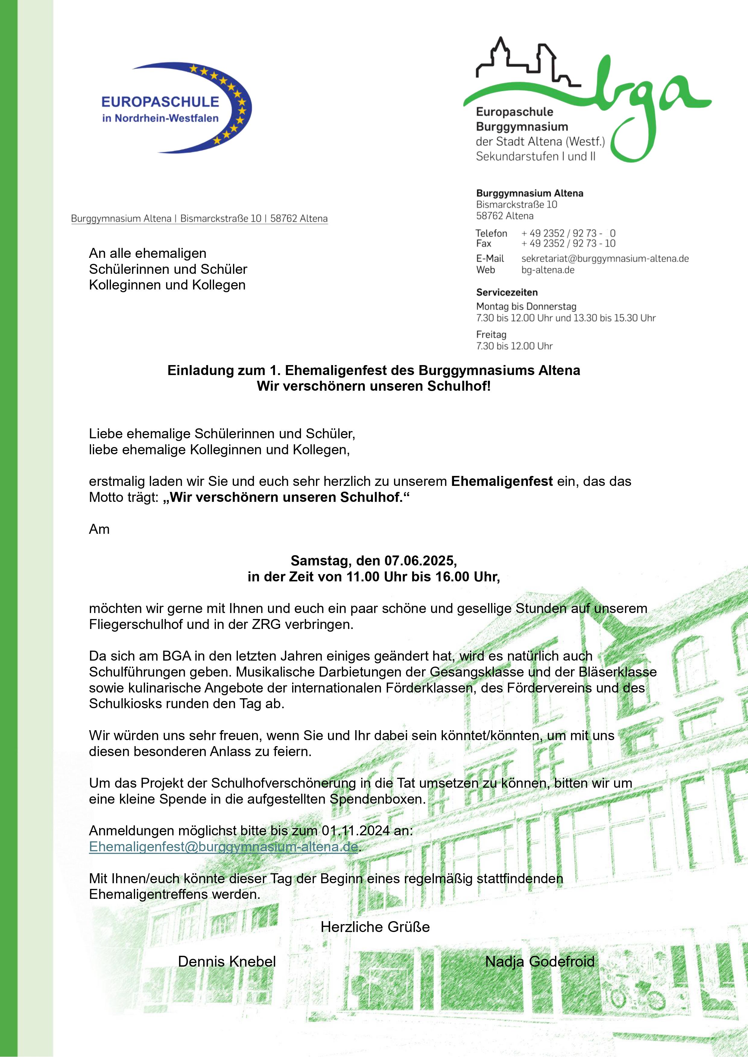 Einladung zum 1. Ehemaligenfest des Burggymnasiums Altena - Wir verschönern unseren Schulhof!