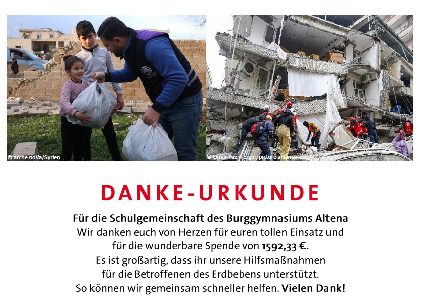 Aktion Deutschland hilft e.V. dankt der Schulgemeinde für ihre Spende